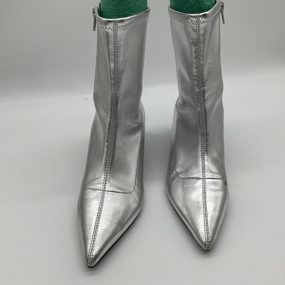 Abound Metallic Silver Ankle Boots Womens Pointed Toe Kitten Heel Zip Cyber